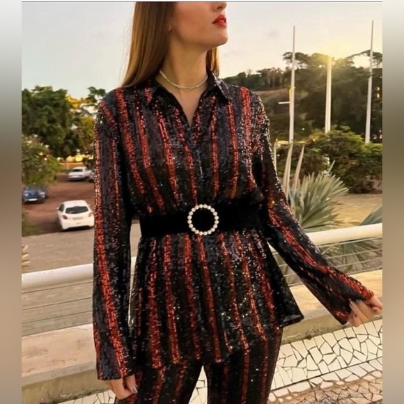 Zara shirt blouse with sparkles black and orange - Picture 2 of 10